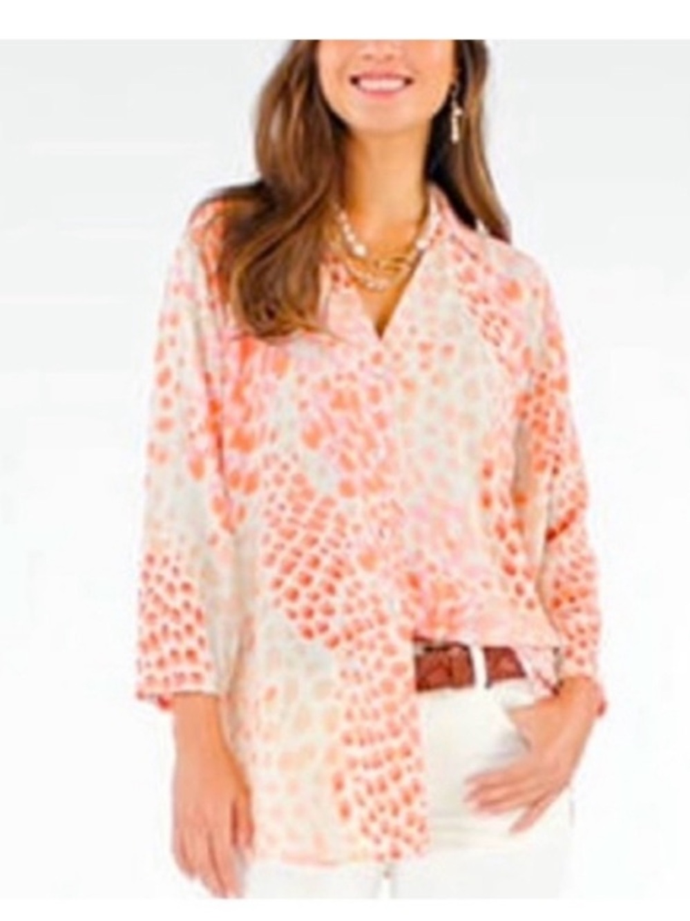 Cabi Go To Blouse #6081 Ivory Pink paint splatter medium